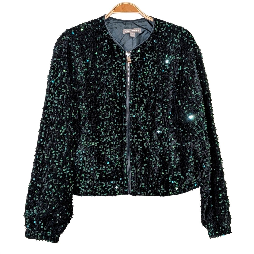 Kate & Mallory Green Sequin‎ Bomber Jacket Womens Size S Zipper Front NWOT